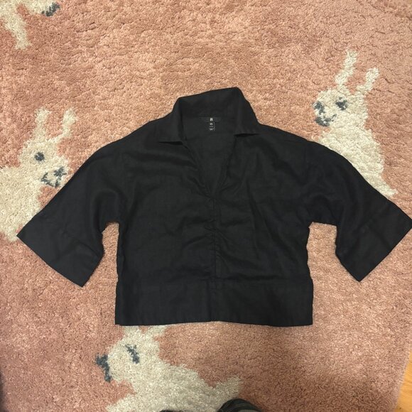 Banana Republic Womens XS Petite Black Cropped 100%Linen Top Quarter Sleeve Boho - Picture 2 of 9